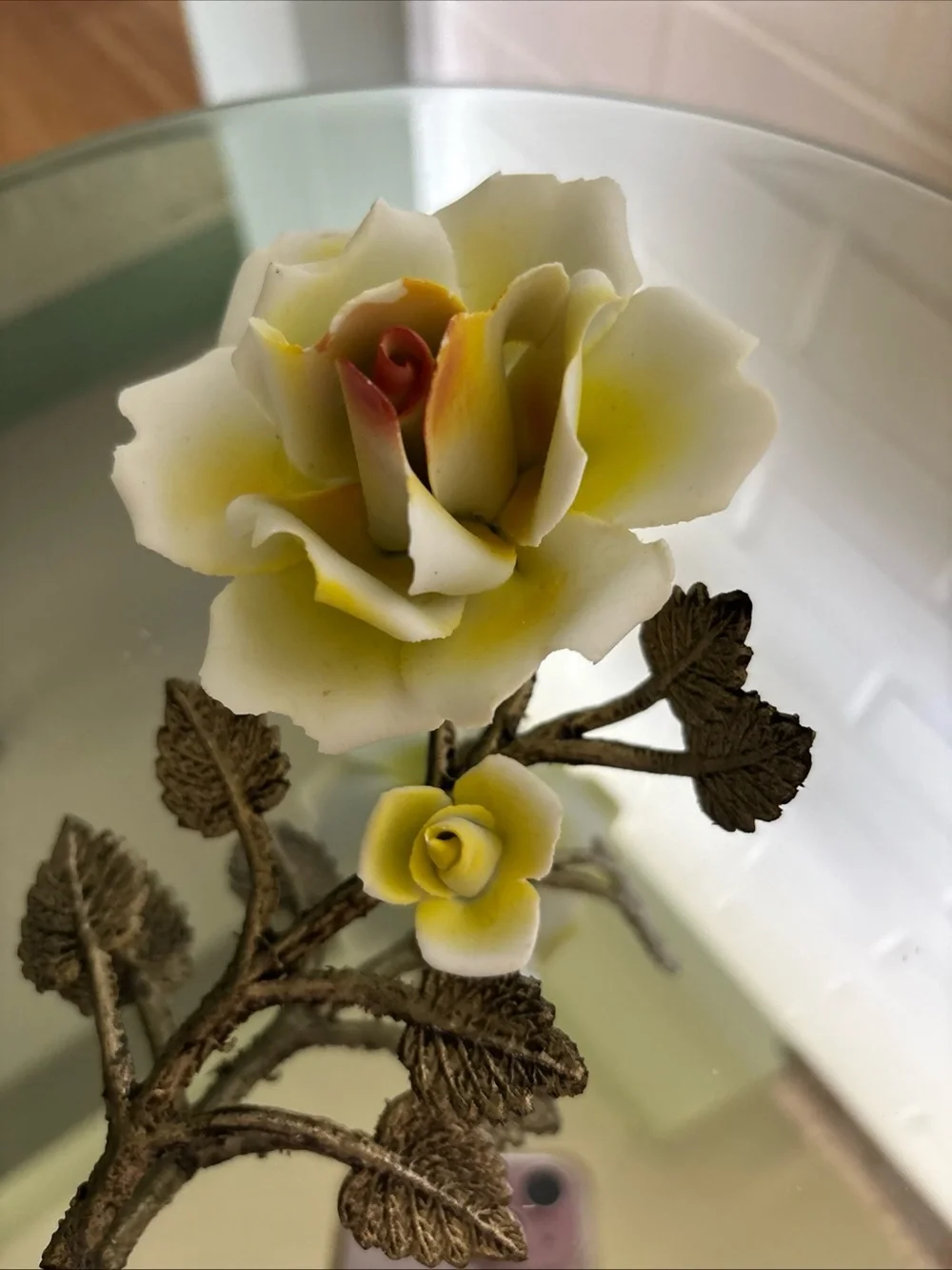 Vintage Yellow Porcelain Rose Accent with Metal Leaves Stand